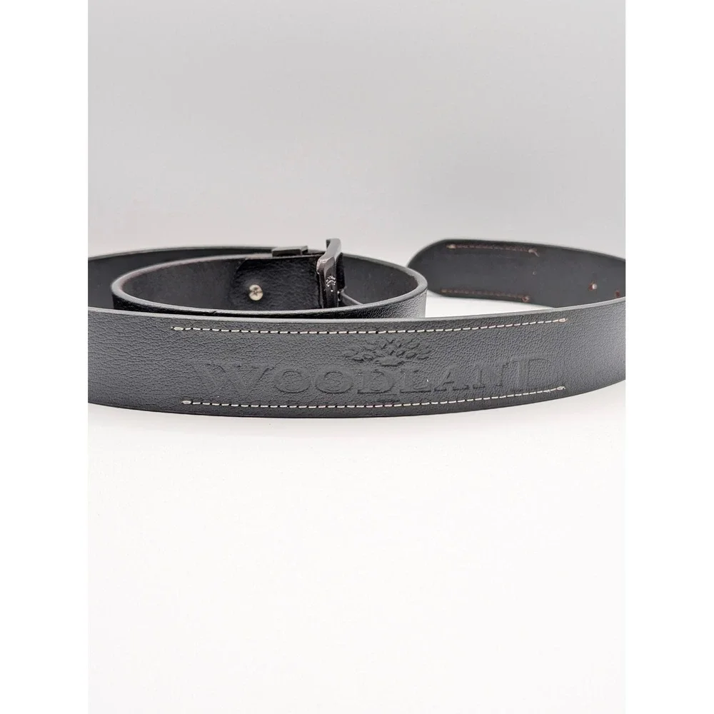 Woodland Leather Belt Mens 46 Black Gunmetal Buckle Logo Rugged Casual NWT